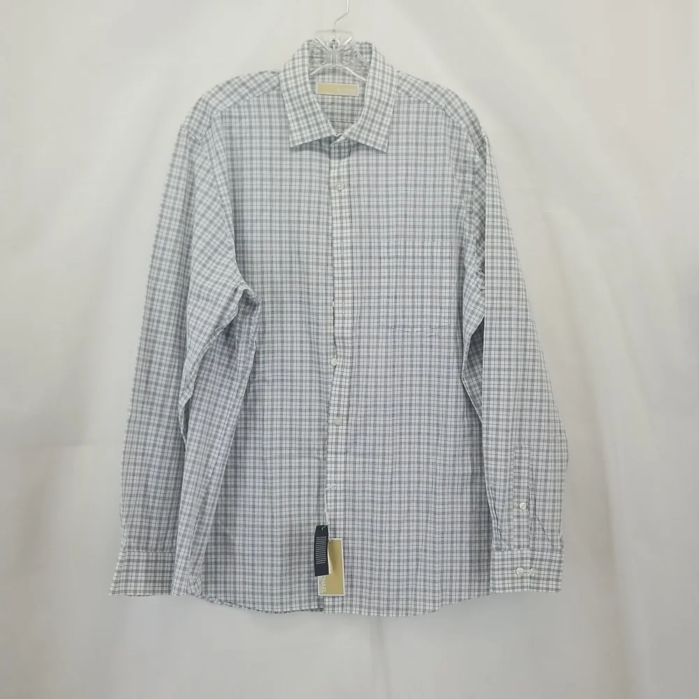 MICHAEL MICHAEL KORS White Gray Plaid Oeko-Tex Button Down Shirt in Shadow - Picture 1 of 14